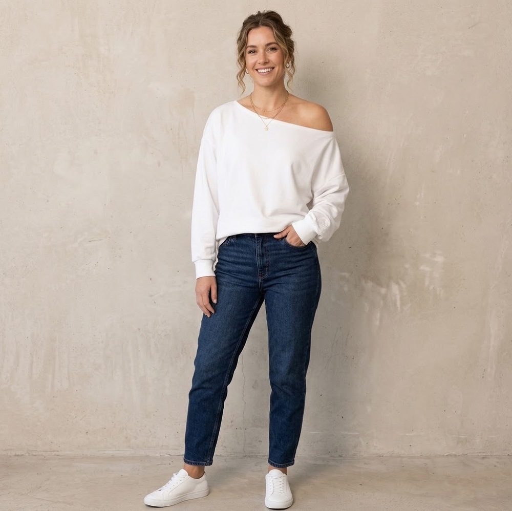 Savvi Off One Shoulder Sweatshirt Women XL White Oversized French Terry